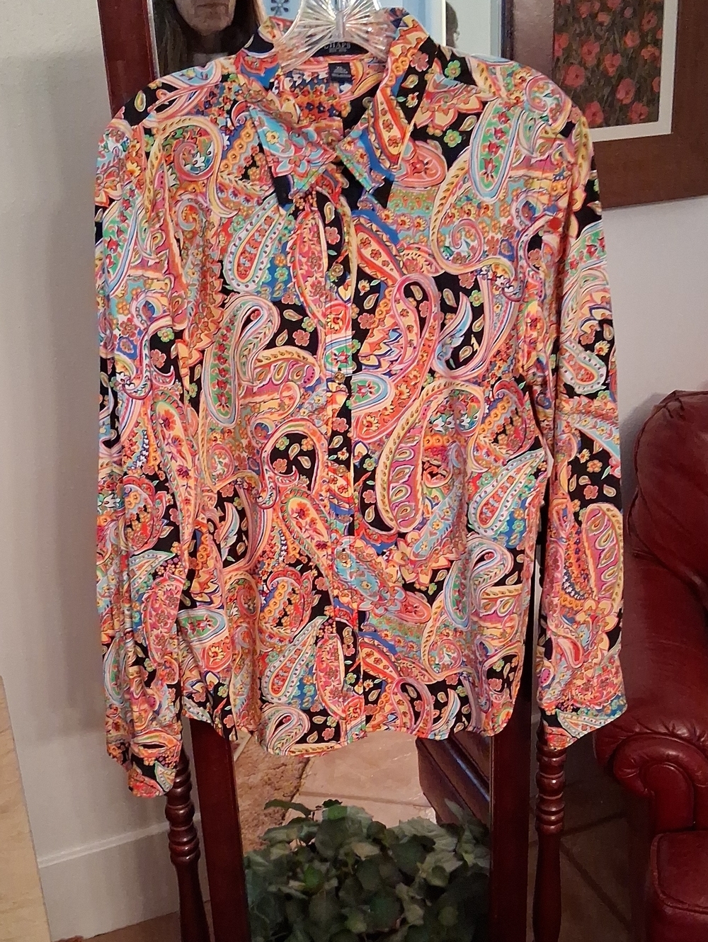 Chaps Women's Paisley Button-Up Blouse in Black Multi-Color Sz. XL